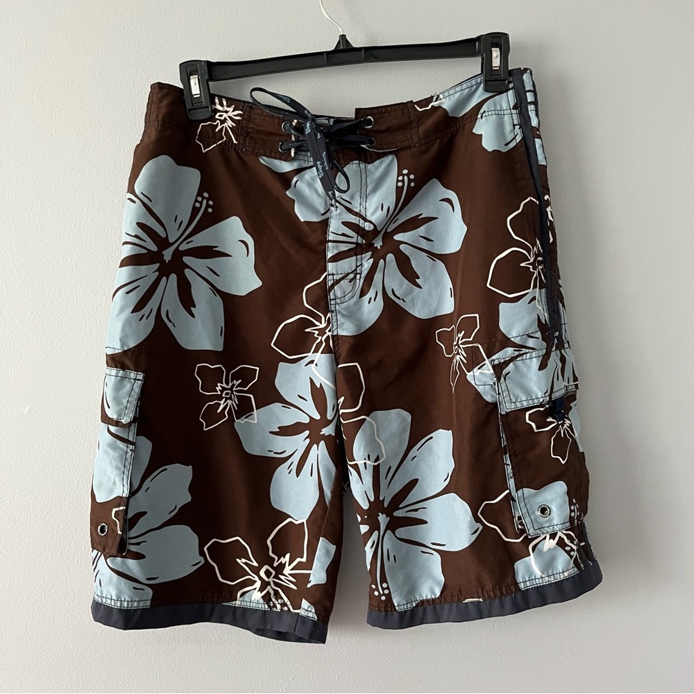 WISEGUY Board Shorts Swim Trunks XL Surf Beach Floral Beach Active Brown Blue